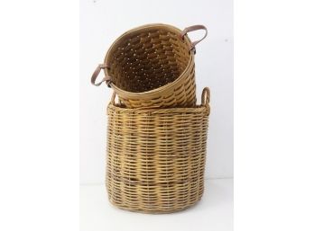 Two LARGE Baskets - One Is Woven Wood Slat With Leather Handles And One Is Round Rattan Reed