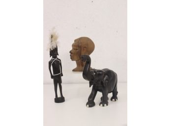 Grouping Of Three Ethnographic Wooden Carvings - Elephant, Bust, Tribal Totem