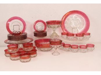 Delicious Collection Of Cranberry Cut To Clear Vintage Glass Dessert, Petit-Fours, And Punch Set