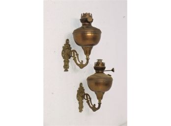 Pair Of Vintage Brass And Copper Wall Mount Oil Lamps