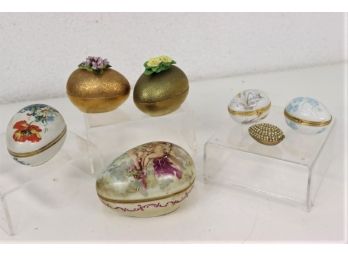 Six Limoges Porcelain Horizontal Egg Trinket Boxes - Some Lidded, Some Hinged - Plus Bejeweled Metal Egg