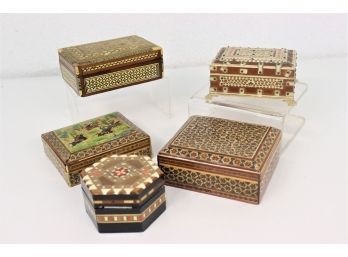 Group Of Five Moorish-inspired Ornate Carved And Inlay Jewel Boxes