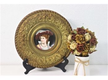 Hand-Painted Porcelain Cabinet Plate In Embossed Brass Frame