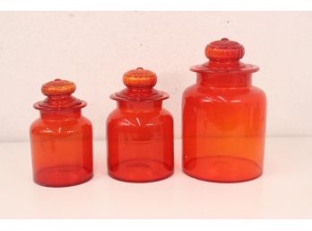 Trio Of Graduated Orange Flame Amberina Glass  Vintage Apothecary Cannisters