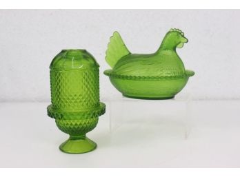 Vintage Virescent Green Glass Hen On Nest And Diamond Point Faerie Lamp