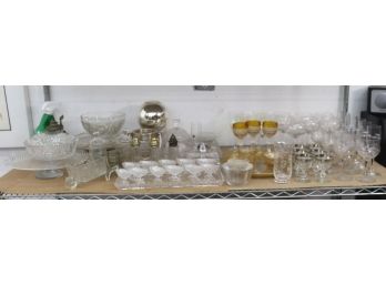 Great Mixed Shelf Lot Of Crystal And Glass Tabletop Items, Glasses, Bowls, Etc.
