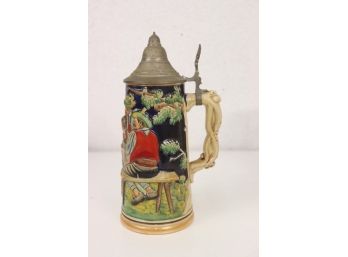 Vintage Ceramic German Beer Stein  Marked #1621 Patio Pub Scene With Leder & Hosen