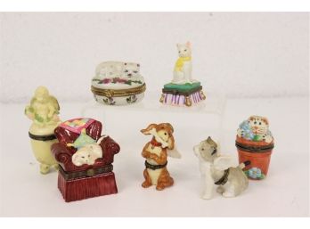 Group Lot Of Cats & Dogs Themed Porcelain Trinket Boxes