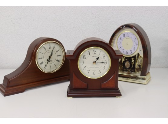 Trio Of Mantle Shelf Clocks, 2 Are Seiko Westminster Whittington - One (Rhythm) Has No Hands