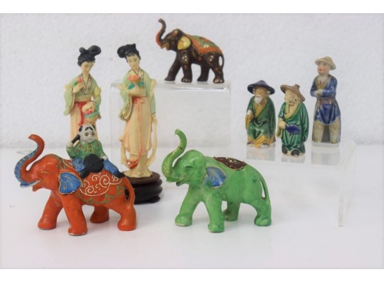 Colorful Group Lot Of Asian Ceramic Figurines - Geishas, Wise Men, And Elephants
