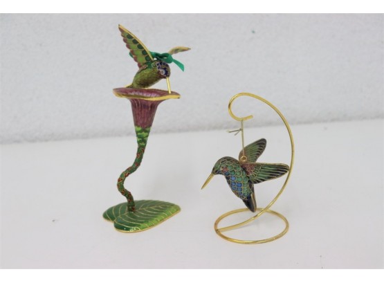 Pair Of Enamel On Metal Rod Birds In Flight Statuettes
