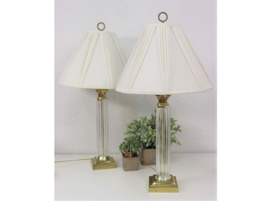 Pair Of Hollywood Regency Style Brass And Glass Quilted Bell Accent Lamps