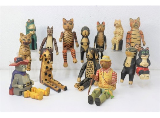 Woodland Gang Of Carved  Folk Art  And Painted Wood Cats, Dogs, And A Frog - Some Hinged And Articulated