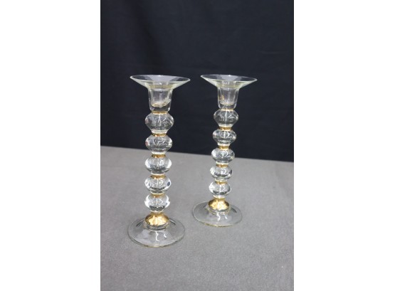 Superb Pair MCM Stacked Sphere & Gold Ring Candlesticks - 9.75' Tall