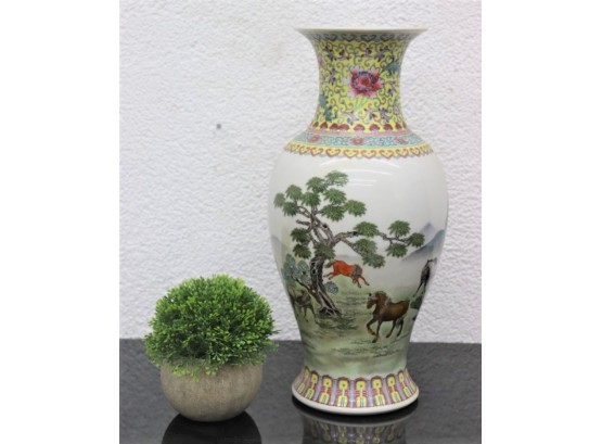 Famille Jaune Chinese Porcelain Baluster Vase - Equine Panel On Sides, Red Six Character Mark On Bottom