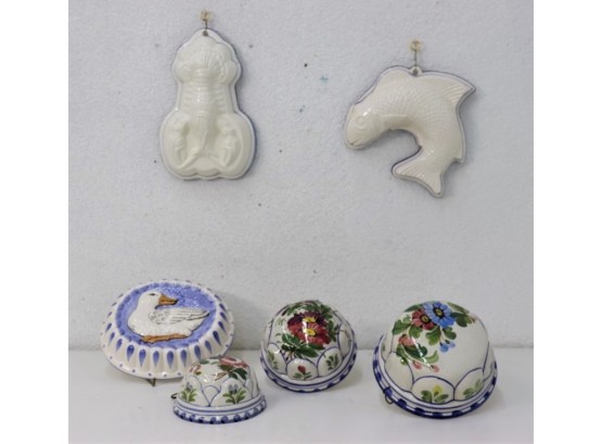 Lobster, Fish, Flowers, And Duck: Group Lot Of Ceramic And Metal Baking Form Wall Hangers