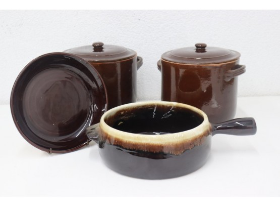 Group Lot Of Brown Tricolor Ceramic Stoneware Cooking And Serving Vessels - One Is Pfaltzgraff