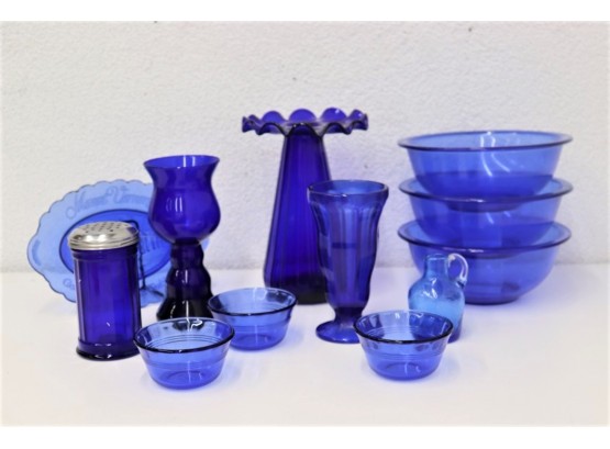 Group Lot Of Vintage Cobalt Blue Glass Bowls, Plates, Vases, Etc. - Some Pyrex
