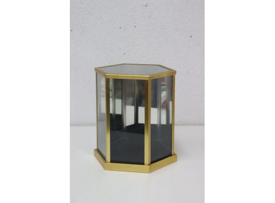 Brass And Glass Hexagonal Tabletop Display Showcase - Half Side Mirrored And Top Loading