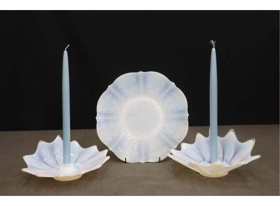 White Opalescent Milk Glass Lot: 2 Petal-Splash Candlestick Holders And 1 Ruffle Candy Dish