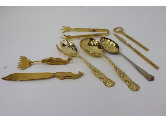 Group Lot Of Gold-tone Metal Service Pieces - Salad Servers, Fish Service, Ice Tongs Etc.