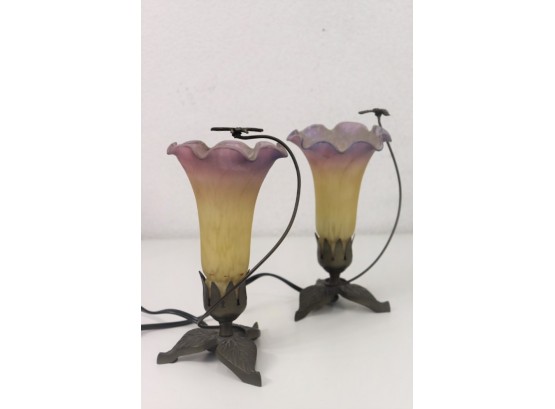 Pair Of Soaring Dragonfly Art Glass Tulip Accent Lamps - Working Condition