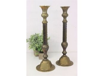 Pair Of Brass Spring & Flared Bulb Pillar Candle Column Candleholders
