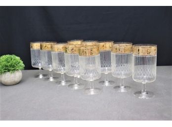 Set Of Ten Spectacular MCM Gold Band Icicle Stemmed Column Glasses