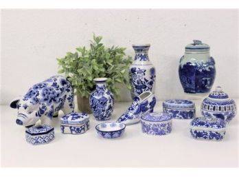 Piglet & Wedge Fronted Group Lot Of Blue & White Mixed Asian And European Porcelainware