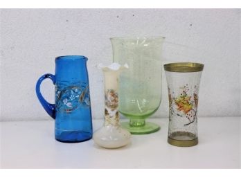 Grouping Of Four Decorative Painted And Colored Glass Vessels And Vases