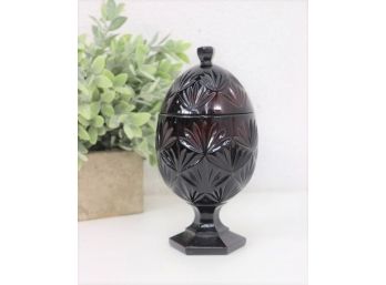 Oxblood Cranberry Cut Glass Pedestal Egg-Shaped Candy Dish/covered Compote