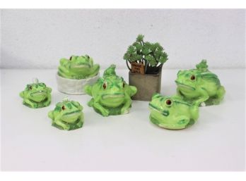 Army Of 6 Kermit Designed Frog Figurine Trinket Boxes  - Many Frogs Show Wear, Damage, Chips, Repairs Etc