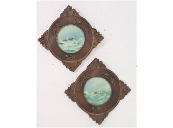 Rough Surf: Two Craft Leaf And Branch Wood Grain Style Porthole Frames With Lighthouse Pier Scenes