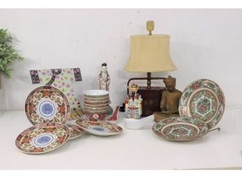 Orientalist Group Lot: G. Briard Peony Reproduction Plates,  Chinese Soup Spoons And Bowls, Asian Figurines