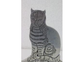 1975 Striped Wilton Cat Flat Figurine On Wooden Base