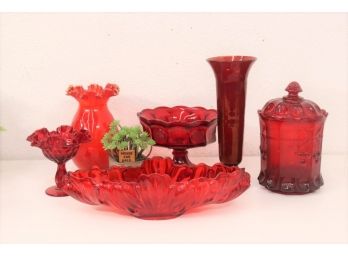2 Of 2: Fervid Fiery Group Lot Of Vintage Cranberry Glass Objects, Vases, Bowls, And No Chicken