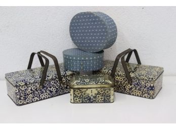 Group Lot Of 5 Decorative Boxes - 3 Floral Pattern Metal And 2 Wood Band Shaker Style Blue & White