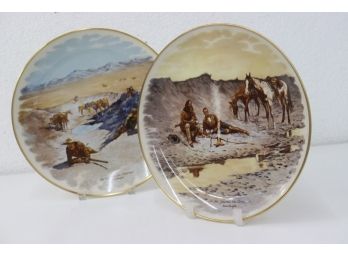 Two Frederic Remington Image Decorative Plates 'Cimarron' And 'Waterhole' Gorham, From MOFA Houston