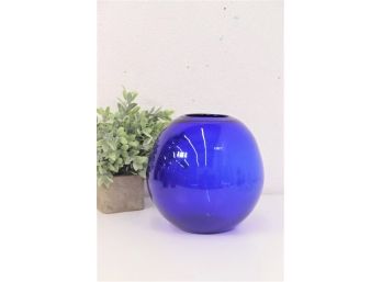 Deep Cobalt Blue Mouth-Blown Glass Sphere Vase