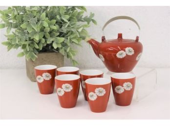 MCM Noritake Tea Set Double Chrysanthemum Daisy Red Orange  - Six Yunomi Cups And Teapot