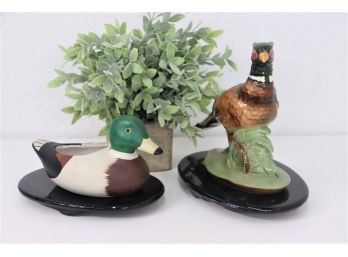 Two Ceramic Winged Game Birds: Vintage Teleflora Planter & Goldcrest Ring-necked Pheasant Figurine