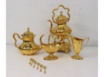 Meriden Britannia Quadruple Plate Tea & Coffee Service - Tea Pot, Coffee Pot, Creamer & Sugar, Six Spoons