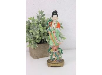 Antique Hand-Painted Porcelain Buddha With Lotus Flower Figurine - Chinese Export