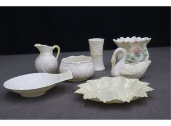 Lustrous Lot Of Belleek Irish Parian China Trinket Dishes, Bowls, Pitchers Et Al.