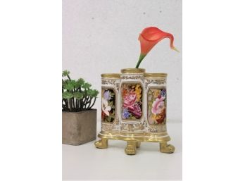 Elegant Chelsea House Porcelain Triple Spill, Four Paw Vase -  Floral And High Gold Ornamentation