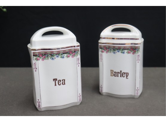 Vintage Porcelain BARLEY And TEA  Canisters Deco Lines And Roses - Bottom Marked 2730