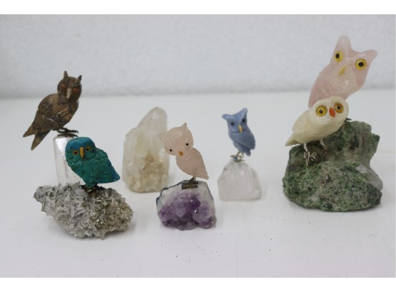 The WHO DAT!! Grouping Of Carved Owl Natural Crystal Figurines