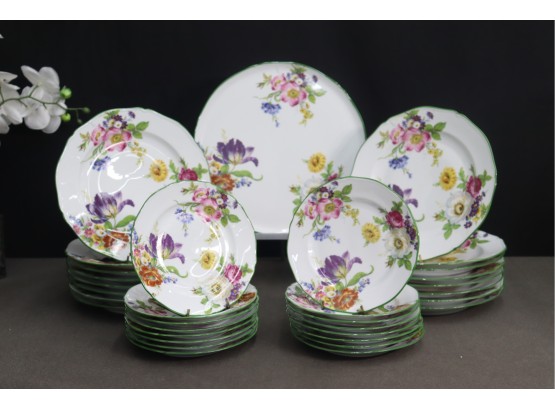 Luscious Lovely Lot Of Limoges:  Green Edge Floral Decorated Plates