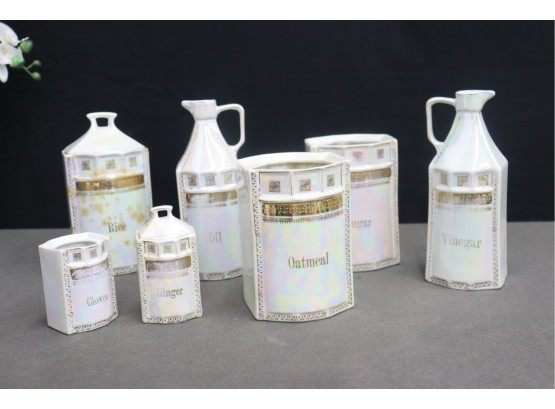 Vintage White Block Porcelain Lustreware Canister Set Of 7, For Spices & Staples - 5 Tops/closures Missing