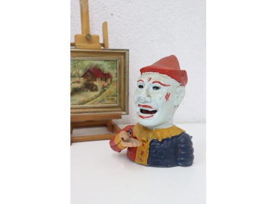 Funky Coin To Mouth Clown Painted Cast Iron  Bank, Taiwan
